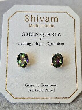 Shivam Green  Quartz Oval Stud Earrings - 18K Gold Plated
